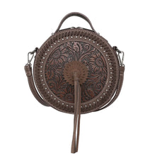 Lade das Bild in den Galerie-Viewer, Ronda runde Handtasche Schultertasche Westerntasche Florale Prägung Quaste Niete