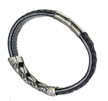 Lade das Bild in den Galerie-Viewer, Biker Lederarmband, Schwarz mit Silber-Edelstahlelementen, Geflochtenes Design