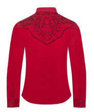 Lade das Bild in den Galerie-Viewer, Damen Westernbluse „Red Diamond“ – Rot mit schwarzen Stickereien und Strass