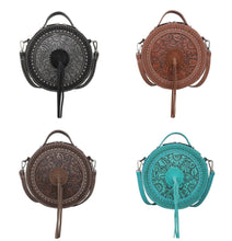 Lade das Bild in den Galerie-Viewer, Ronda runde Handtasche Schultertasche Westerntasche Florale Prägung Quaste Niete