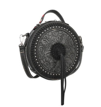 Lade das Bild in den Galerie-Viewer, Ronda runde Handtasche Schultertasche Westerntasche Florale Prägung Quaste Niete