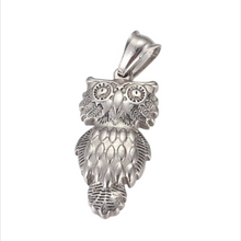 Lade das Bild in den Galerie-Viewer, Wise Owl Steel Eulen-Anhänger aus Edelstahl – 33 × 16 × 4 mm – Öse 4,5 × 7 mm