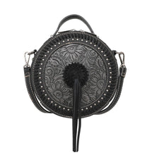 Lade das Bild in den Galerie-Viewer, Ronda runde Handtasche Schultertasche Westerntasche Florale Prägung Quaste Niete