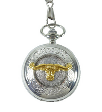 Lade das Bild in den Galerie-Viewer, Taschenuhr mit Sprungdeckel und Kette Lone Star Texas Longhorn Western Cowboy