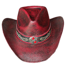 Lade das Bild in den Galerie-Viewer, Weinroter Cowboyhut Westernhut Strohhut mit Hutband Concho und bestickter Krempe