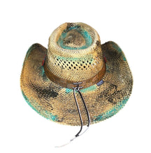 Lade das Bild in den Galerie-Viewer, Blue Stain Beige Grüner Cowboyhut Strohhut Westernhut mit Lederhutband
