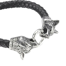 Lade das Bild in den Galerie-Viewer, Armband geflochtenes echtes Leder und Edelstahl 304 Wolf Wolfskopf