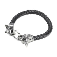 Lade das Bild in den Galerie-Viewer, Armband geflochtenes echtes Leder und Edelstahl 304 Wolf Wolfskopf