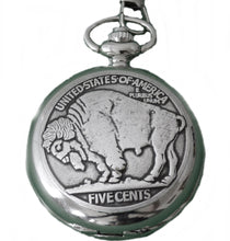 Lade das Bild in den Galerie-Viewer, Taschenuhr mit Sprungdeckel und Kette Büffel Bison 5 Cents Western
