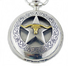 Lade das Bild in den Galerie-Viewer, Taschenuhr mit Sprungdeckel und Kette Texas Lone Star Longhorn Western Cowboy