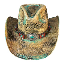 Lade das Bild in den Galerie-Viewer, Blue Stain Beige Grüner Cowboyhut Strohhut Westernhut mit Lederhutband