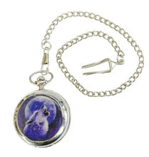 Lade das Bild in den Galerie-Viewer, Taschenuhr mit Sprungdeckel und Kette Wolf heulend Vollmond Western Cowboy
