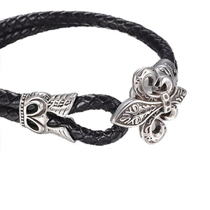 Schwarzes Armband Lederarmband mit Fleur de Lis Ritterlilie aus Edelstahl
