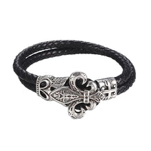 Lade das Bild in den Galerie-Viewer, Schwarzes Armband Lederarmband mit Fleur de Lis Ritterlilie aus Edelstahl