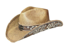 Lade das Bild in den Galerie-Viewer, Cowboyhut Westernhut Strohhut natur mit Hutband Concho und bestickter Krempe