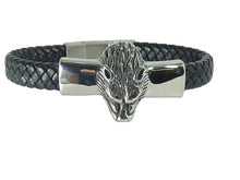 Lade das Bild in den Galerie-Viewer, Stabiles Lederarmband geflochten mit Wolf Wolfskopf aus Edelstahl