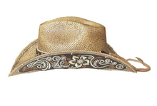 Lade das Bild in den Galerie-Viewer, Cowboyhut Westernhut Strohhut natur mit Hutband Concho und bestickter Krempe