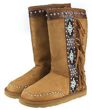 Lade das Bild in den Galerie-Viewer, Mokassins Boots von Montana West mit Fransen und Aztecen Muster Strass Nieten