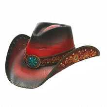 Lade das Bild in den Galerie-Viewer, Roter Cowboyhut mit Floralen Applikationen Strohhut Westernhut Line Dance