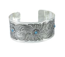 Lade das Bild in den Galerie-Viewer, Breiter Armreifen Armspange aus German Silver Handgraviert mit türkisen Steinen