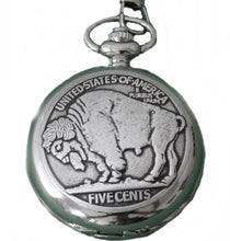 Lade das Bild in den Galerie-Viewer, Taschenuhr mit Sprungdeckel und Kette Büffel Bison 5 Cents Western