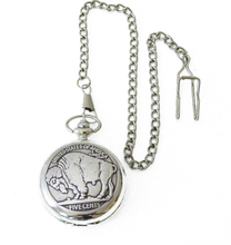 Lade das Bild in den Galerie-Viewer, Taschenuhr mit Sprungdeckel und Kette Büffel Bison 5 Cents Western
