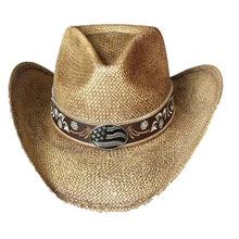 Lade das Bild in den Galerie-Viewer, Cowboyhut Westernhut Strohhut natur mit Hutband Concho und bestickter Krempe