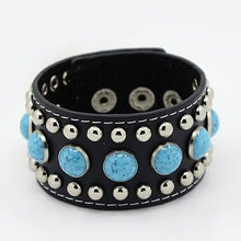 Lade das Bild in den Galerie-Viewer, Armband Lederarmband mit türkisen Steinen u. Nieten Biker Western Country Indian