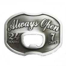 Lade das Bild in den Galerie-Viewer, Gürtelschnalle Buckle Gürtelschließe mit Flaschenöffner Always Open 24 hours