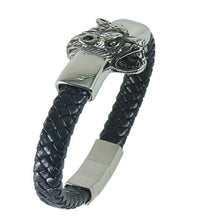 Lade das Bild in den Galerie-Viewer, Stabiles Lederarmband geflochten mit Wolf Wolfskopf aus Edelstahl