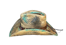 Lade das Bild in den Galerie-Viewer, Blue Stain Beige Grüner Cowboyhut Strohhut Westernhut mit Lederhutband