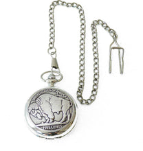 Lade das Bild in den Galerie-Viewer, Taschenuhr mit Sprungdeckel und Kette Büffel Bison 5 Cents Western