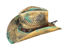 Lade das Bild in den Galerie-Viewer, Blue Stain Beige Grüner Cowboyhut Strohhut Westernhut mit Lederhutband