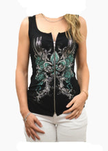 Lade das Bild in den Galerie-Viewer, Damen Zip-Top Shirt mit Fleur-de-Lis &amp; Glitzersteinen – Schwarz
