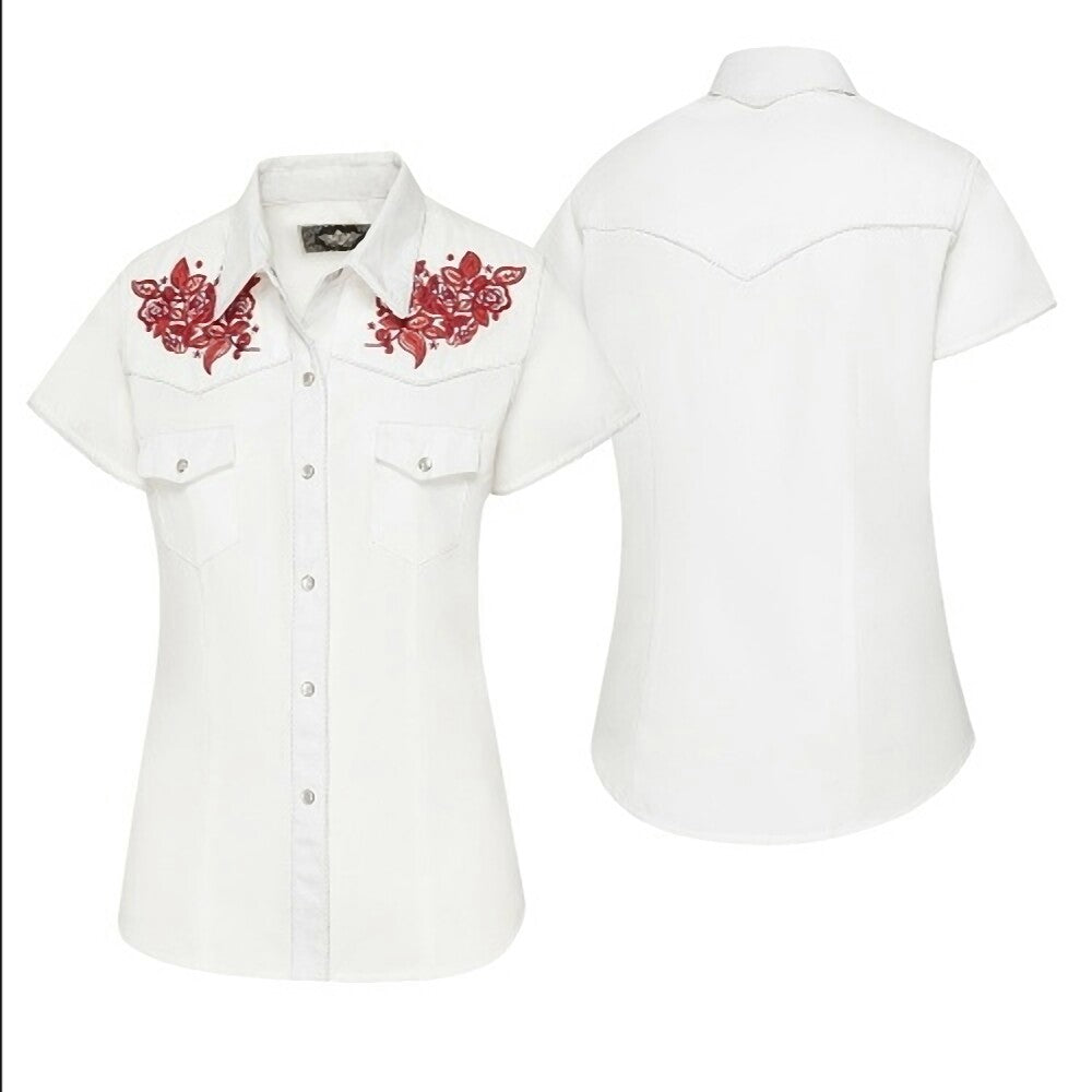 Bluse Summer Westernbluse weiss mit roter Stickerei