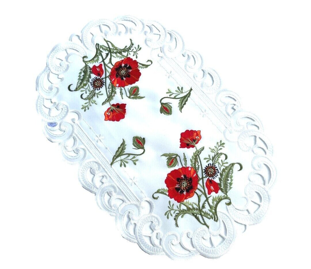 Roter Klatschmohn Tischläufer Tischdecke Mitteldecke gestickt weiss