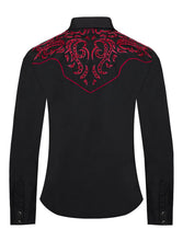 Lade das Bild in den Galerie-Viewer, Damen Westernbluse „Black Diamond“ – Schwar mit roter Stickereien und Strass
