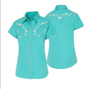 Bluse Avery Westernbluse türkis mit weißer Stickerei