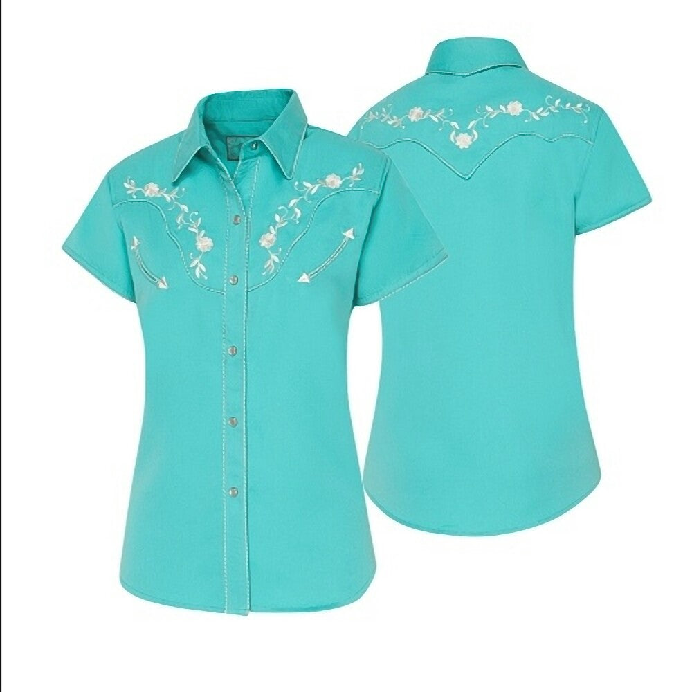 Bluse Avery Westernbluse türkis mit weißer Stickerei