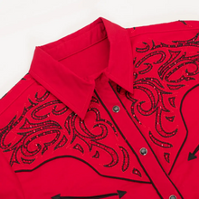 Lade das Bild in den Galerie-Viewer, Damen Westernbluse „Red Diamond“ – Rot mit schwarzen Stickereien und Strass
