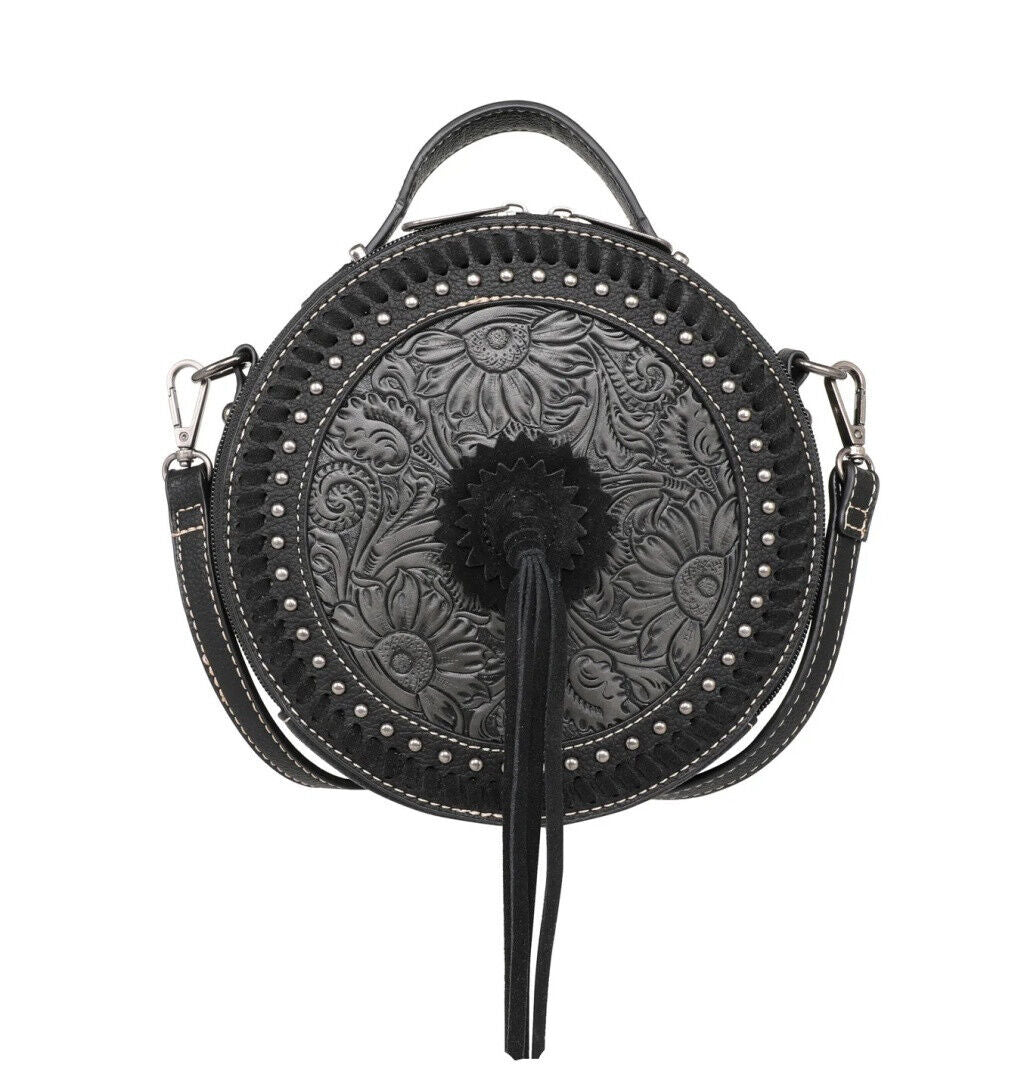 Ronda runde Handtasche Schultertasche Westerntasche Florale Prägung Quaste Niete