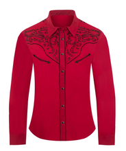 Lade das Bild in den Galerie-Viewer, Damen Westernbluse „Red Diamond“ – Rot mit schwarzen Stickereien und Strass
