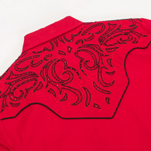 Lade das Bild in den Galerie-Viewer, Damen Westernbluse „Red Diamond“ – Rot mit schwarzen Stickereien und Strass

