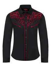 Lade das Bild in den Galerie-Viewer, Damen Westernbluse „Black Diamond“ – Schwar mit roter Stickereien und Strass
