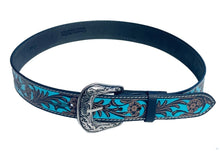 Lade das Bild in den Galerie-Viewer, Ledergürtel „Turquoise Blossom“ Westerngürtel Leder – florales Must braun türkis
