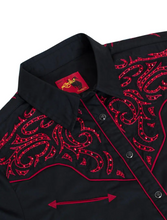 Lade das Bild in den Galerie-Viewer, Damen Westernbluse „Black Diamond“ – Schwar mit roter Stickereien und Strass
