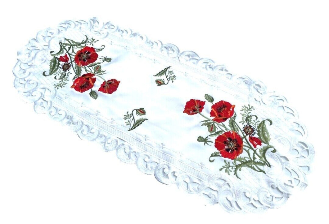 Roter Klatschmohn Tischläufer Tischdecke Mitteldecke gestickt weiss