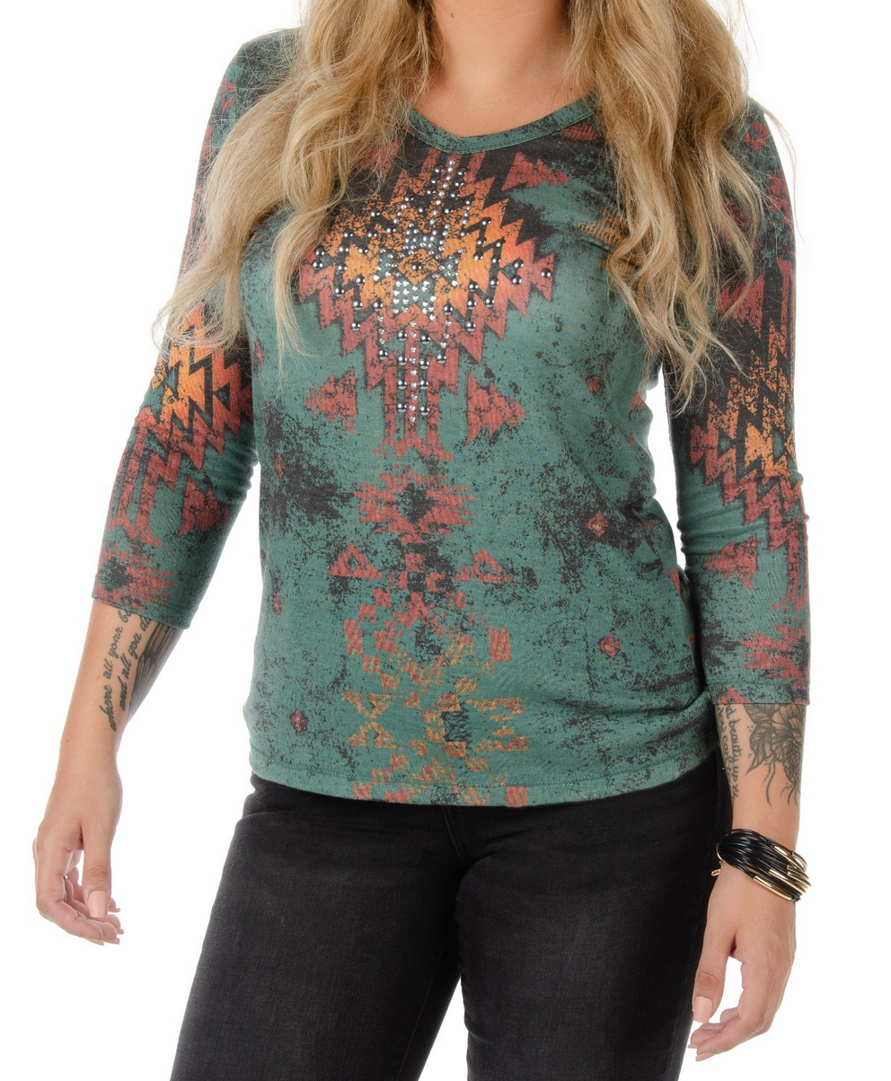 Forest Green Damen Western-Pullover mit Ethno-Muster und Strass