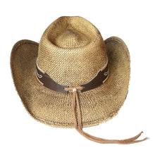 Lade das Bild in den Galerie-Viewer, Cowboyhut Westernhut Strohhut natur mit Hutband Concho und bestickter Krempe
