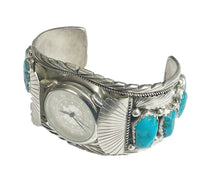 Lade das Bild in den Galerie-Viewer, Navajo Indianerschmuck Armreif Uhr Armspange mit 8 Türkisen Silber
